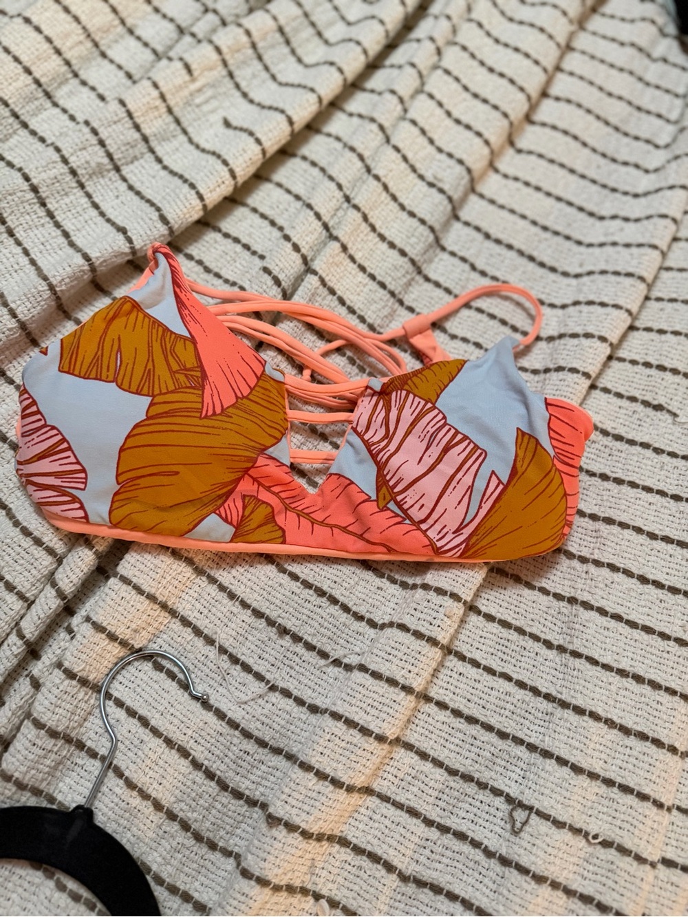 Tropical Coral & Mustard Leaf Print Bikini Top